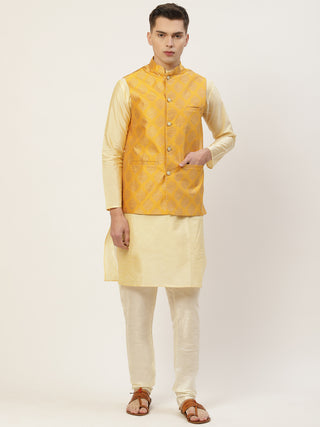 Jompers Men's Mustard Printed Nehru Jacket