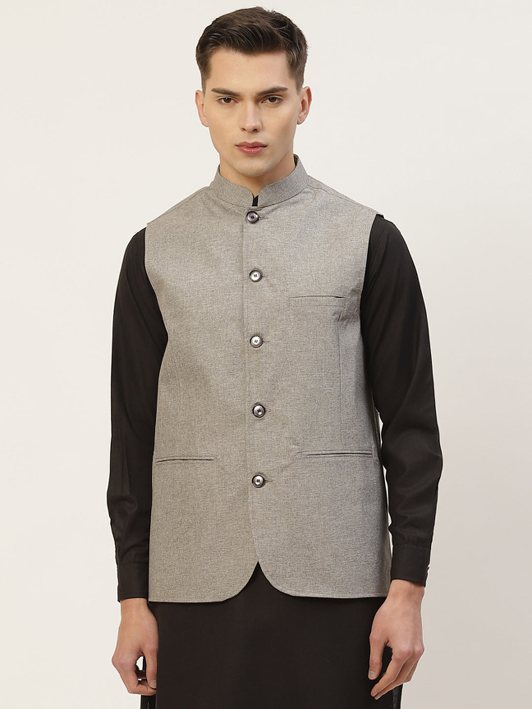 Jompers Men's Grey Solid Nehru Jacket