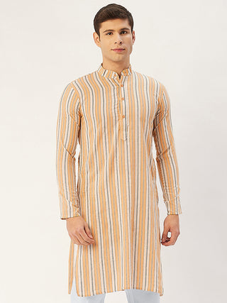 Jompers Men's Yellow Cotton Striped Kurta Only