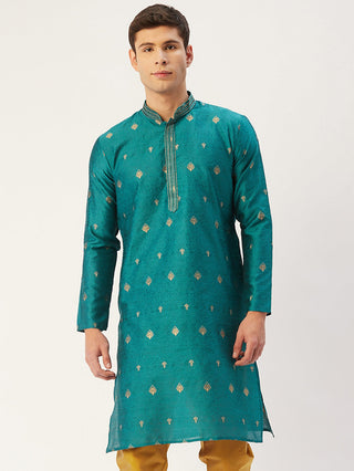 Jompers Men's Teal Coller Embroidered Woven Design Kurta Only