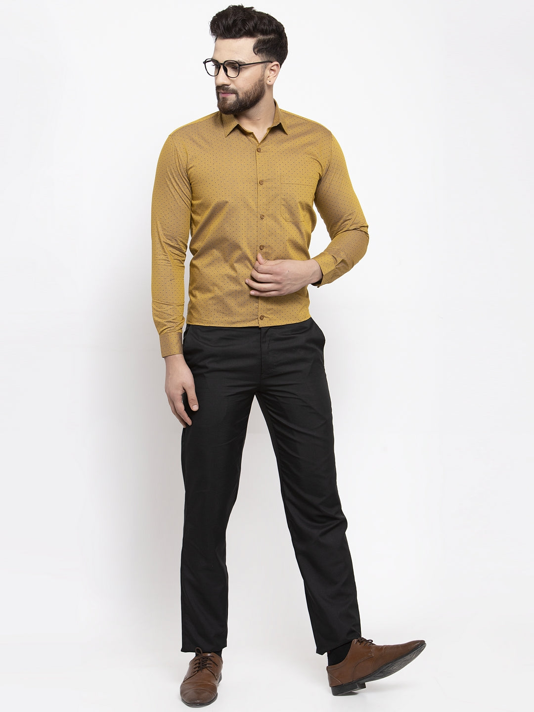 Jainish Yellow Men's Cotton Polka Dots Formal Shirts