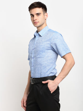 Indian Needle Blue Men's Solid Cotton Half Sleeves Formal Shirt