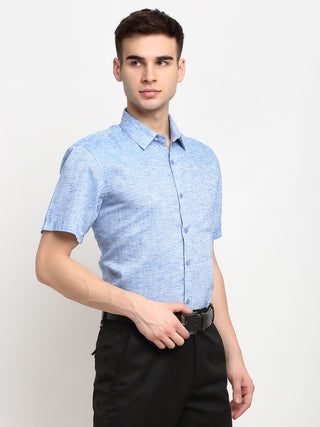 Indian Needle Blue Men's Solid Cotton Half Sleeves Formal Shirt