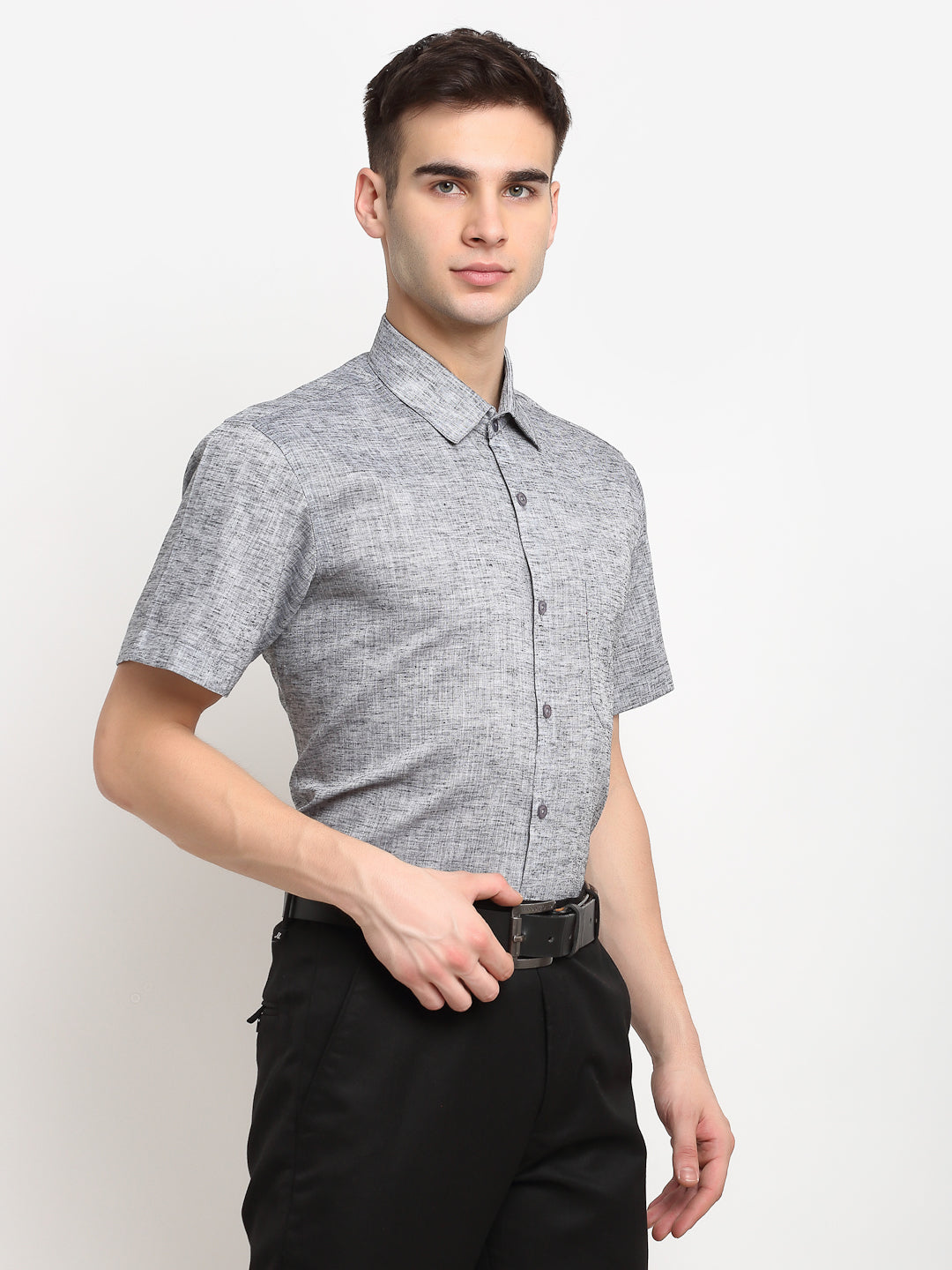 Jainish Grey Men's Solid Cotton Half Sleeves Formal Shirt