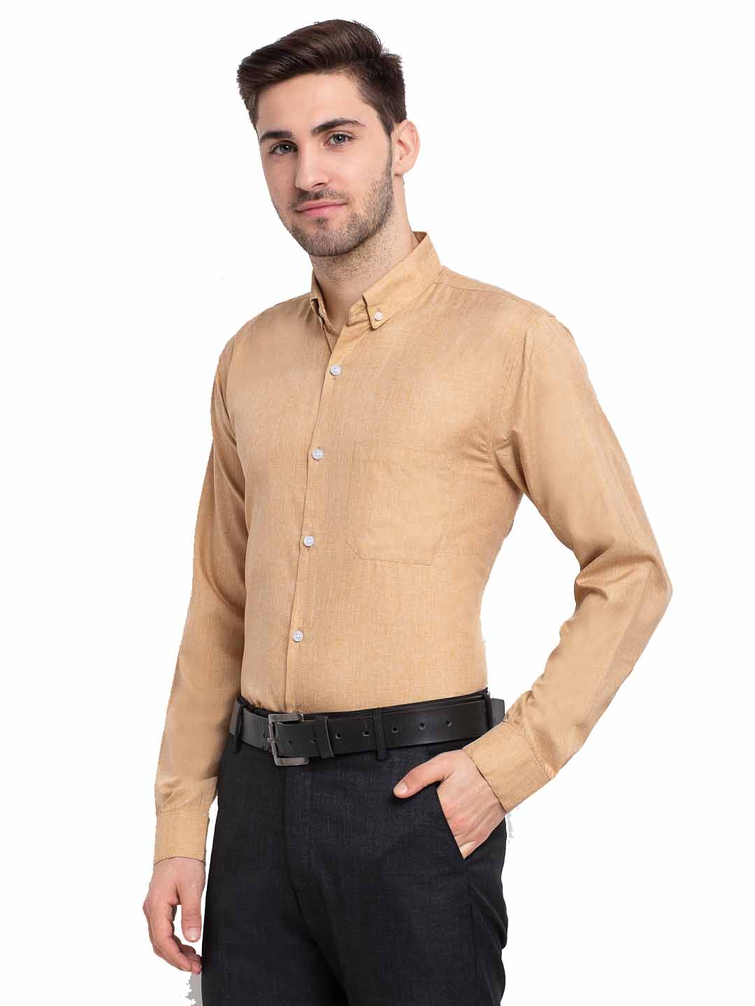 Jainish Beige Men's Button Down Collar Cotton Formal Shirt