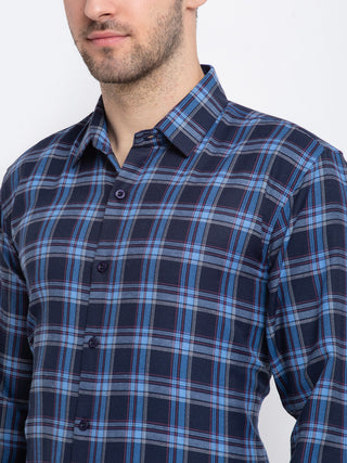 Indian Needle Blue Men's Checked Cotton Formal Shirt