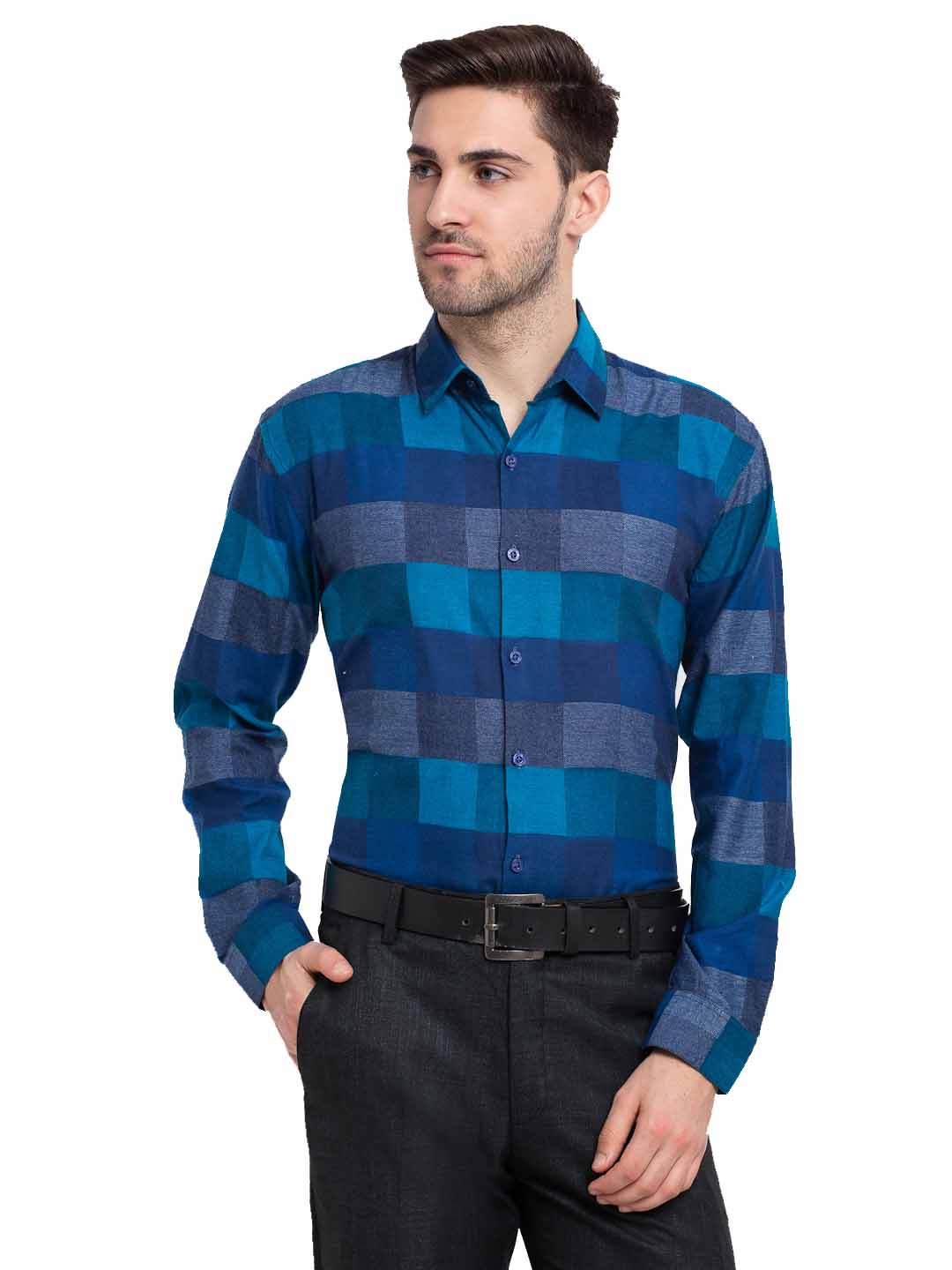 Jainish Blue Men's Checked Cotton Formal Shirt