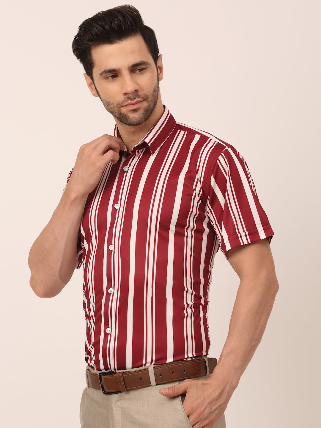 Jainish Men's Lycra Striped Half Sleeve Formal Shirts