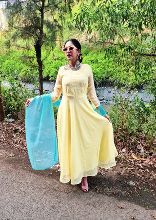 Women Yellow Embroidered Regular Sequinned Kurta with Trousers & Dupatta